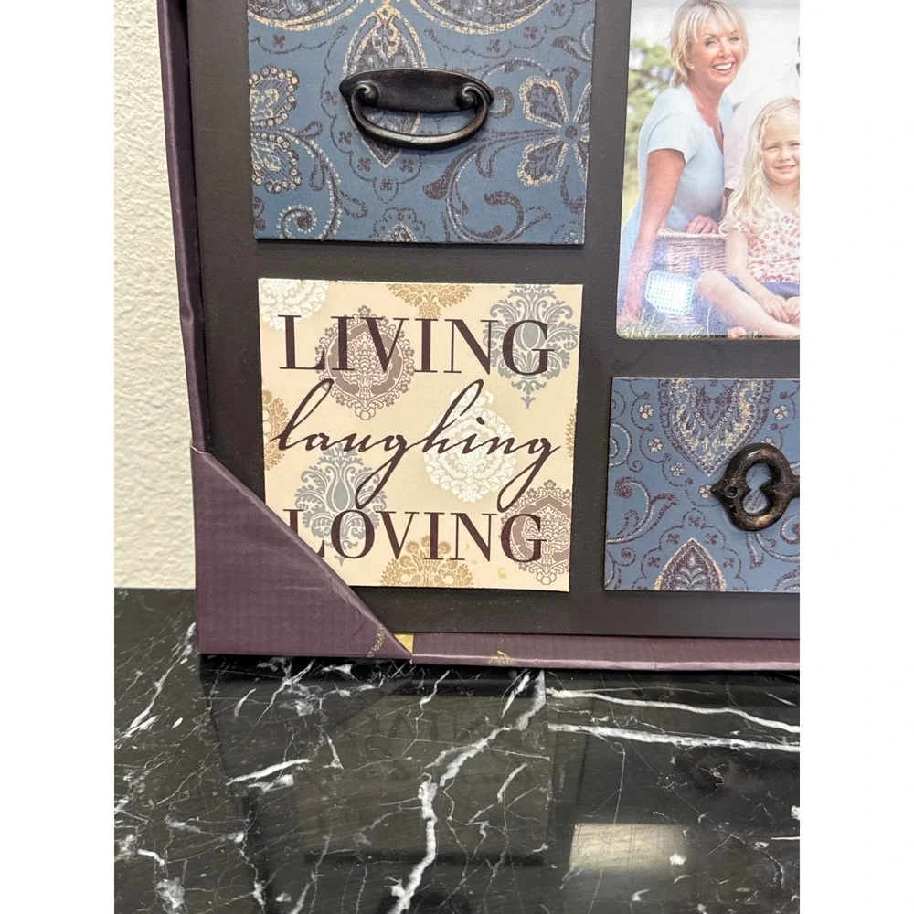 New View 6x4 Photo Frame Living Laughing Loving Rustic Blue‎ Damask Wall Decor